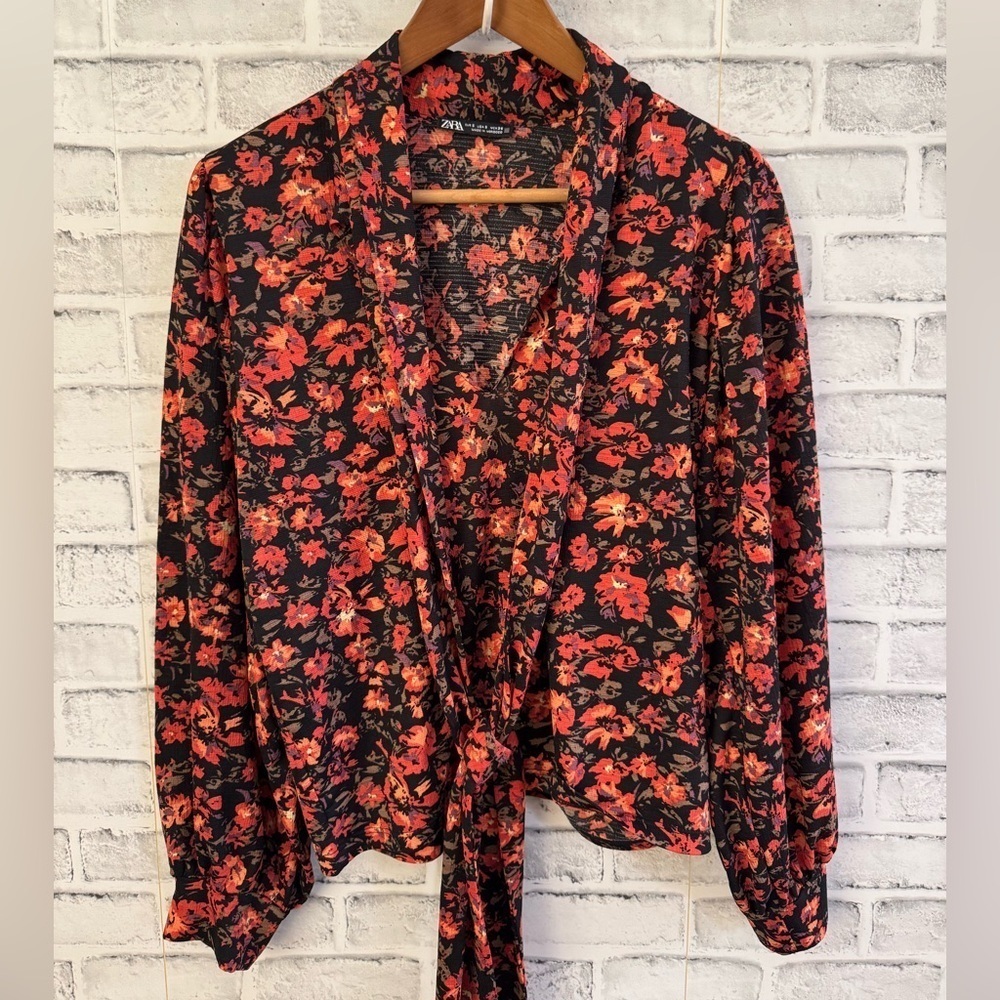 Women’s ZARA black floral vibrant v-neck long tie bow blouse Size Small - Picture 2 of 5